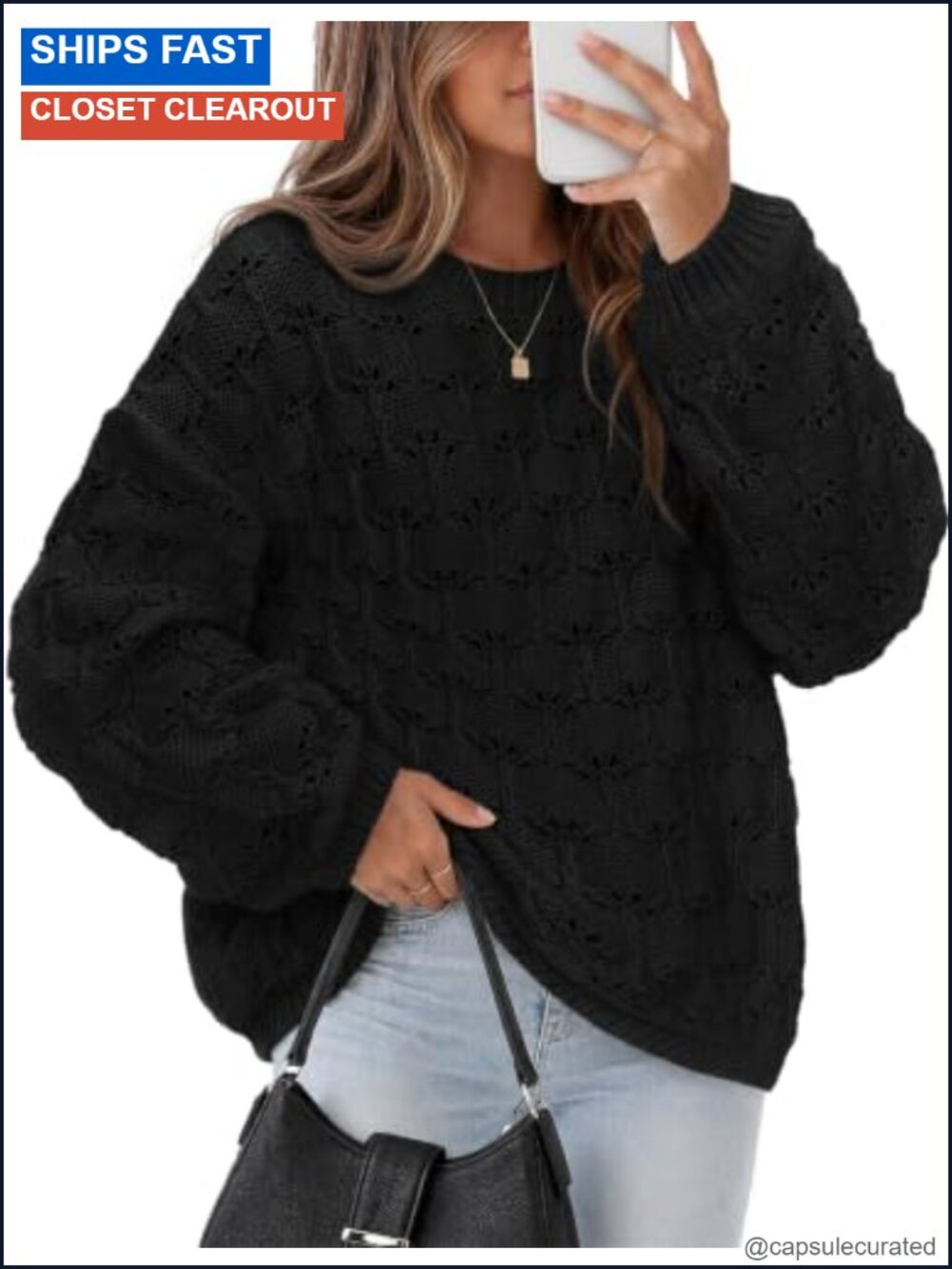 Women's Crochet Knit Crewneck Sweater Lantern Sleeve Pullover